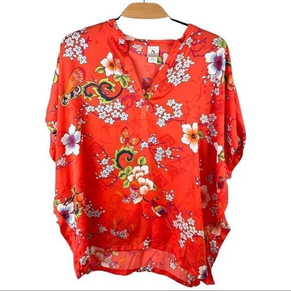 N Natori Red Printed Short Kaftan Tunic Top Size XL - Picture 2 of 4